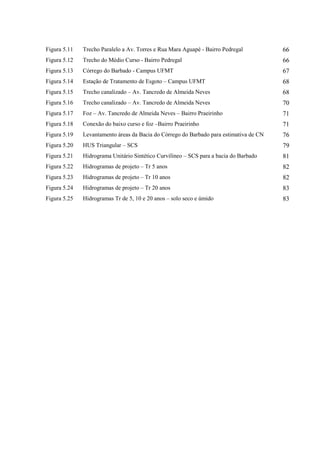 Figura 5.11 Trecho Paralelo a Av. Torres e Rua Mara Aguapé - Bairro Pedregal 66 
Figura 5.12 Trecho do Médio Curso - Bairro Pedregal 66 
Figura 5.13 Córrego do Barbado - Campus UFMT 67 
Figura 5.14 Estação de Tratamento de Esgoto – Campus UFMT 68 
Figura 5.15 Trecho canalizado – Av. Tancredo de Almeida Neves 68 
Figura 5.16 Trecho canalizado – Av. Tancredo de Almeida Neves 70 
Figura 5.17 Foz – Av. Tancredo de Almeida Neves – Bairro Praeirinho 71 
Figura 5.18 Conexão do baixo curso e foz –Bairro Praeirinho 71 
Figura 5.19 Levantamento áreas da Bacia do Córrego do Barbado para estimativa de CN 76 
Figura 5.20 HUS Triangular – SCS 79 
Figura 5.21 Hidrograma Unitário Sintético Curvilíneo – SCS para a bacia do Barbado 81 
Figura 5.22 Hidrogramas de projeto – Tr 5 anos 82 
Figura 5.23 Hidrogramas de projeto – Tr 10 anos 82 
Figura 5.24 Hidrogramas de projeto – Tr 20 anos 83 
Figura 5.25 Hidrogramas Tr de 5, 10 e 20 anos – solo seco e úmido 83 
 