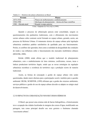 8 
Tabela 2.1 – Histórico dos planos urbanísticos no Brasil 
Período Planos 
1875-1930 Planos de melhoramento e embelezamento 
1930-1990 Ideologia do planejamento – técnica de base científica 
1990 - Década atual Reação à etapa anterior 
Fonte: Adaptado de VILLAÇA (1999) 
Quando o processo de urbanização parecia estar consolidado, surgem os 
questionamentos dos parâmetros tradicionais, com o afloramento dos movimentos 
sociais urbanos sobre contraste social formado no espaço urbano, gerando, assim, um 
processo de Reforma Urbana. O tratamento técnico do espaço urbano pela legislação 
urbanística estabelece padrões satisfatórios de qualidade para seu funcionamento. 
Porém, os conflitos são ignorados, bem como a realidade da desigualdade das condições 
de renda e sua influência sobre o funcionamento dos mercados imobiliários urbanos 
(ROLINK, 2000). 
Rolink (2000) ainda afirma que o modelo tradicional de planejamento 
urbanístico, com o estabelecimento de lotes mínimos, coeficientes, recuos, taxas e 
índices produziram territórios ilegais, sendo que as novas estratégias de regulação 
urbanística reconhece a existência de territórios cuja a produção ocorre de maneira 
tradicional. 
Assim, as formas de concepção e gestão do espaço urbano vêm sendo 
questionadas, dando maior abertura para a participação social e também para a questão 
ambiental. DEÁK; SCHIFFER, (1999) afirmam que a gestão dos recursos ambientais, 
serviços públicos e gestão do uso do espaço urbano deverão se adaptar ao estágio atual 
do desenvolvimento. 
2.2 O IMPACTO DA URBANIZAÇÃO NOS RECURSOS HÍDRICOS 
O Brasil, que possui uma extensa rede de bacias hidrográficas, e historicamente 
teve a ocupação das cidades localizadas às margens dos cursos d’água, modificando sua 
paisagem, tem como principal desafio aos seus gestores o fenômeno chamado 
‘crescimento urbano’. 
 