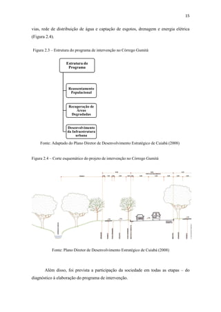 vias, rede de distribuição de água e 
(Figura 2.4). 
Figura 2.3 – Estrutura do programa de intervenção no Córrego Gumitá 
Estrutura do 
Programa 
Reassentamento 
Populacional 
Recuperação de 
Áreas 
Degradadas 
Desenvolvimento 
da Infraestrutura 
urbana 
Fonte: Adaptado do Plano Diretor de Desenvolvimento Estratégico de Cuiabá (2008) 
Figura 2.4 – Corte esquemático do projeto de intervenção no Córrego Gumitá 
Fonte: Plano Diretor de Desenvolvimento Estratégico de Cuiabá (2008) 
Além disso, foi prevista 
diagnóstico à elaboração do 
captação de esgotos, drenagem e energia elétrica 
a participação da sociedade em todas as etapas 
programa de intervenção. 
15 
– do 
 