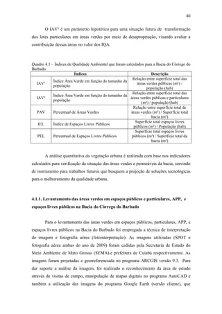 40 
O IAV² é um parâmetro hipotético para uma situação futura de transformação 
dos lotes particulares em áreas verdes por meio de desapropriação, visando avaliar a 
contribuição dessas áreas no valor dos IQA. 
Quadro 4.1 – Índices de Qualidade Ambiental que foram calculados para a Bacia do Córrego do 
Barbado 
Índices Descrição 
IAV¹ 
Índice Área Verde em função do tamanho da 
população 
Relação entre superfície total das 
áreas verdes públicas (m²) / 
população (hab) 
IAV² 
Índice Área Verde em função do tamanho da 
população 
Relação entre superfície total das 
áreas verdes públicas e particulares 
(m²) / população (hab) 
PAV Percentual de Áreas Verdes 
Relação entre superfície total de 
áreas verdes (m²) / Superfície total 
bacia (m²) 
IEL Índice de Espaços Livres Públicos 
Superfície total espaços livres 
públicos (m²) / População (hab) 
PEL Percentual de Espaços Livres Públicos 
Superfície total espaços livres 
públicos (m²) / Superfície total da 
bacia (m²) 
A análise quantitativa da vegetação urbana é realizada com base nos indicadores 
calculados para verificação da situação das áreas verdes e permeáveis da bacia, servindo 
de instrumento para trabalhos futuros que busquem a projeção de soluções tecnológicas 
para o melhoramento da qualidade urbana. 
4.1.1. Levantamento das áreas verdes em espaços públicos e particulares, APP, e 
espaços livres públicos na Bacia do Córrego do Barbado 
Para o levantamento das áreas verdes em espaços públicos, particulares, APP, e 
espaços livres públicos na Bacia do Barbado foi empregada a técnica de interpretação 
de imagem e fotografia aérea (fotointerpretação). As imagens utilizadas (SPOT e 
fotografia aérea ambas do ano de 2009) foram cedidas pela Secretaria de Estado do 
Meio Ambiente de Mato Grosso (SEMA).e prefeitura de Cuiabá respectivamente. As 
imagens foram projetadas e georreferenciada no programa ARCGIS versão 9.3. Para 
dar suporte a análise da imagem, foi realizado o reconhecimento da área de estudo 
através de visitas de campo, manipulação de mapas digitais no programa AutoCAD e 
também a utilização das imagens do programa Google Earth (versão cliente), que 
 