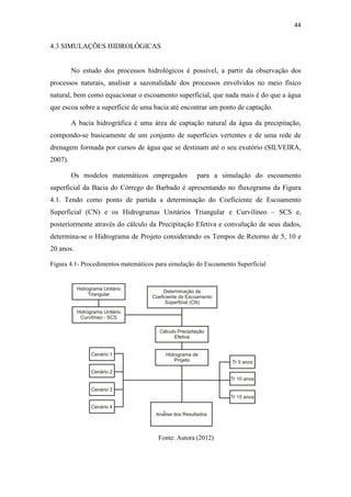 44 
4.3 SIMULAÇÕES HIDROLÓGICAS 
No estudo dos processos hidrológicos é possível, a partir da observação dos 
processos naturais, analisar a sazonalidade dos processos envolvidos no meio físico 
natural, bem como equacionar o escoamento superficial, que nada mais é do que a água 
que escoa sobre a superfície de uma bacia até encontrar um ponto de captação. 
A bacia hidrográfica é uma área de captação natural da água da precipitação, 
compondo-se basicamente de um conjunto de superfícies vertentes e de uma rede de 
drenagem formada por cursos de água que se destinam até o seu exutório (SILVEIRA, 
2007). 
Os modelos matemáticos empregados para a simulação do escoamento 
superficial da Bacia do Córrego do Barbado é apresentando no fluxograma da Figura 
4.1. Tendo como ponto de partida a determinação do Coeficiente de Escoamento 
Superficial (CN) e os Hidrogramas Unitários Triangular e Curvilíneo – SCS e, 
posteriormente através do cálculo da Precipitação Efetiva e convulução de seus dados, 
determina-se o Hidrograma de Projeto considerando os Tempos de Retorno de 5, 10 e 
20 anos. 
Figura 4.1- Procedimentos matemáticos para simulação do Escoamento Superficial 
Fonte: Autora (2012) 
 