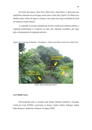 61 
Figura 5.6 – Nascente do Córrego do Barbado – Bairro Jardim das Américas 
Fonte: Adaptado do Google Earth (2012) 
5.2.2 Alto Curso 
O trecho do Alto Curso encontra-se entre as avenidas Historiador Rubens de 
Mendonça e João Gomes Monteiro Sobrinho, entre as cotas altimétricas de nível 200 m 
e 175 m (BORDEST, 2003). Ele passa pelos bairros: Morada do Ouro, Jardim 
Aclimação, Bela Vista, Terra Nova, Dom Bosco, Campo Verde, Canjica e Bosque da 
Saúde. 
No Quadro 5.2 são apresentandos os fatores de degradação observados nas 
visitas de campo para este trecho do córrego. Este sofrerá grande intervenção com a 
construção da Avenida Parque do Barbado, inclusa no pacote de obras para a copa de 
2014, comentada anteriormente. 
O fato de existirem ocupações irregulares nas margens do canal desencadeia a 
ocorrência de erosão e a instabilidade das encostas, fato observado em vários pontos 
deste trecho (Figura 5.7). Essas ocupações irregulares carcacterizam-se por imóveis de 
variados padrões. Cita-se não só o caso da construção residencial de alto padrão, 
 