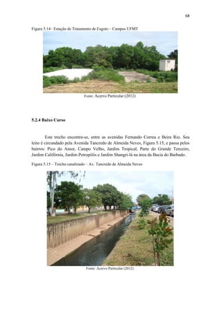 65 
No Quadro 5.3 é apresentando os fatores de degradação observados nas visitas 
de campo para este trecho do córrego, que também sofrerá intervenção com a 
construção da Avenida Parque do Barbado. 
Quadro 5.3 - Fatores de degradação Médio Curso 
Fator de Degradação Sim Não 
Solos 
Presença de queimadas X 
Impermeabilizados X 
Esgoto 
Lançamento de esgoto in natura no 
córrego 
X 
Algas verdes na água X 
Odor na água X 
Presença de peixes X 
Instabilidade 
das encostas 
Presença de vegetação nas encostas X 
Obras de engenharia para contenção 
de encostas 
X 
Ocupações irregulares na faixa de 
APP 
X 
Erosão Sulcos e ravinas X 
Resíduos 
Sólidos 
Resíduos dentro do córrego X 
Resíduos nas margens do córrego X 
Presença de 
animais 
Urubus X 
Animais domésticos X 
Animais peçonhentos X 
Aves X 
Vegetação 
Vegetação característica X 
Solo exposto X 
Derrubada de vegetação / 
X 
desmatamento 
Na Figura 5.11, observa-se a coloração escura da água, bem como o 
desmatamento que acarreta na instabilidade das encostas (presença de sulcos e ravinas). 
 