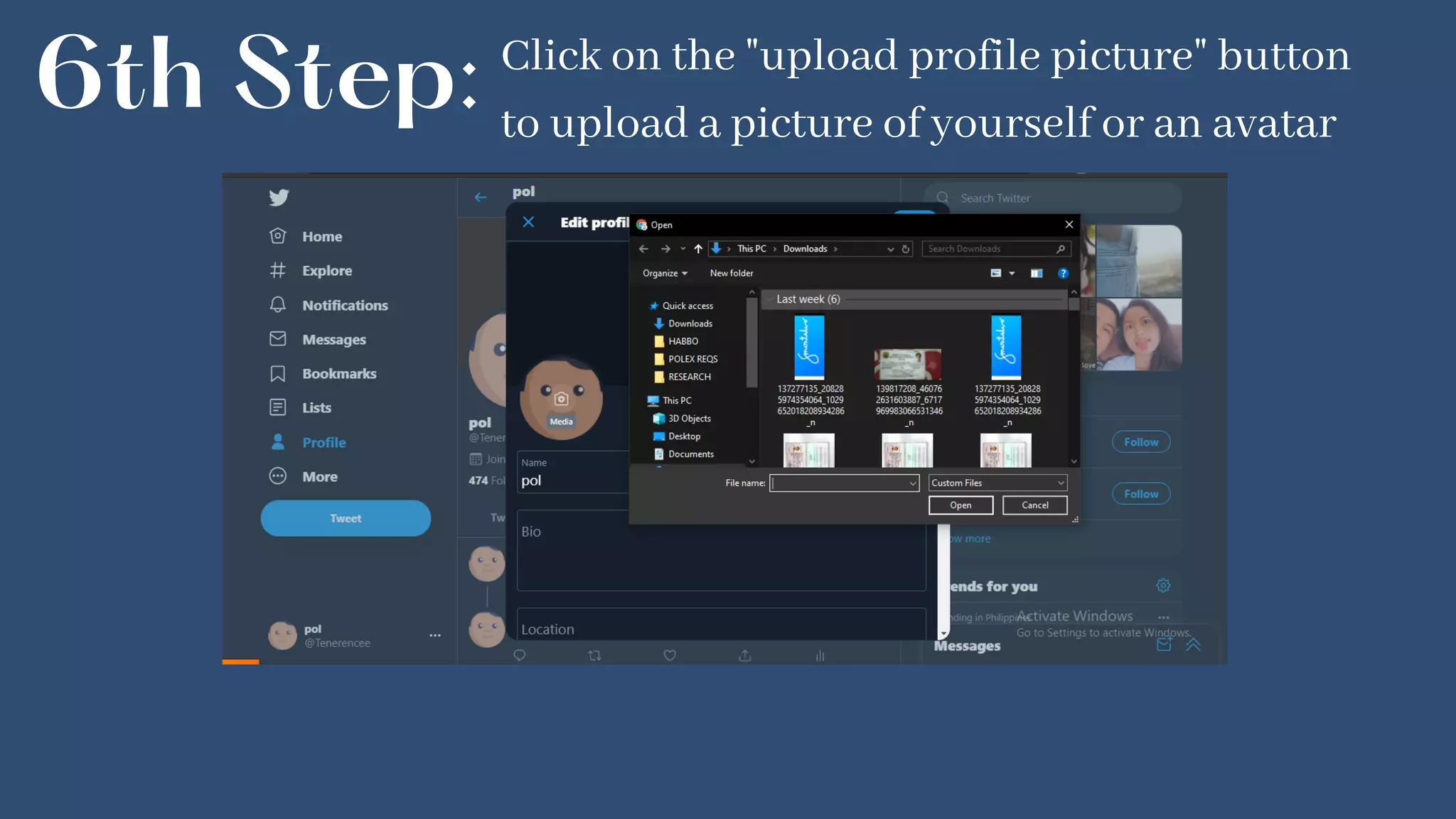 6th Step: Click on the "upload profile picture" button
to upload a picture of yourself or an avatar
 