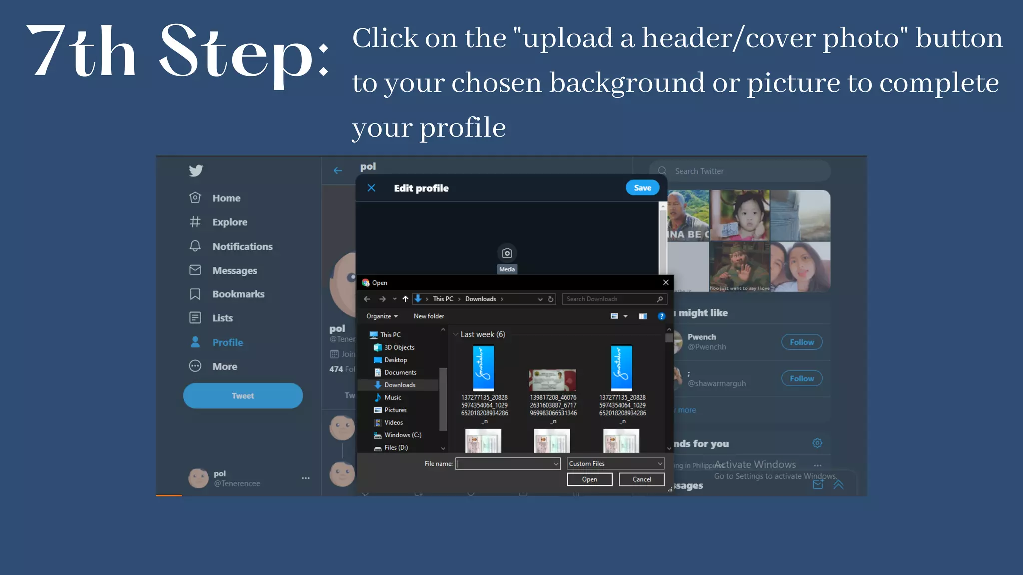7th Step: Click on the "upload a header/cover photo" button
to your chosen background or picture to complete
your profile
 