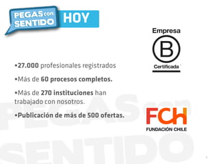 HOY


•27.000 profesionales registrados
•Más de 60 procesos completos.
•Más de 270 instituciones han
trabajado con nosotros.
•Publicación de más de 500 ofertas.



                                      1
 