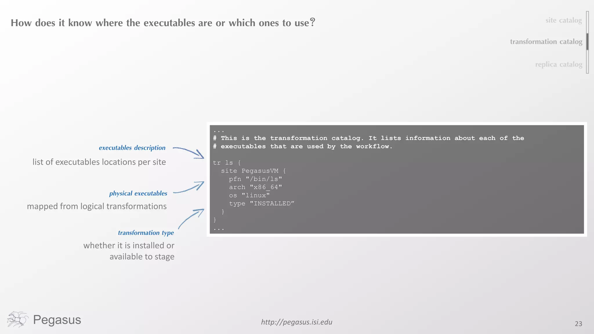 Pegasus http://pegasus.isi.edu 23
How does it know where the executables are or which ones to use?
executables description
list of executables locations per site
physical executables
site catalog
transformation catalog
replica catalog
...
# This is the transformation catalog. It lists information about each of the
# executables that are used by the workflow.
tr ls {
site PegasusVM {
pfn "/bin/ls"
arch "x86_64"
os "linux"
type "INSTALLED”
}
}
...
transformation type
whether it is installed or
available to stage
mapped from logical transformations
 