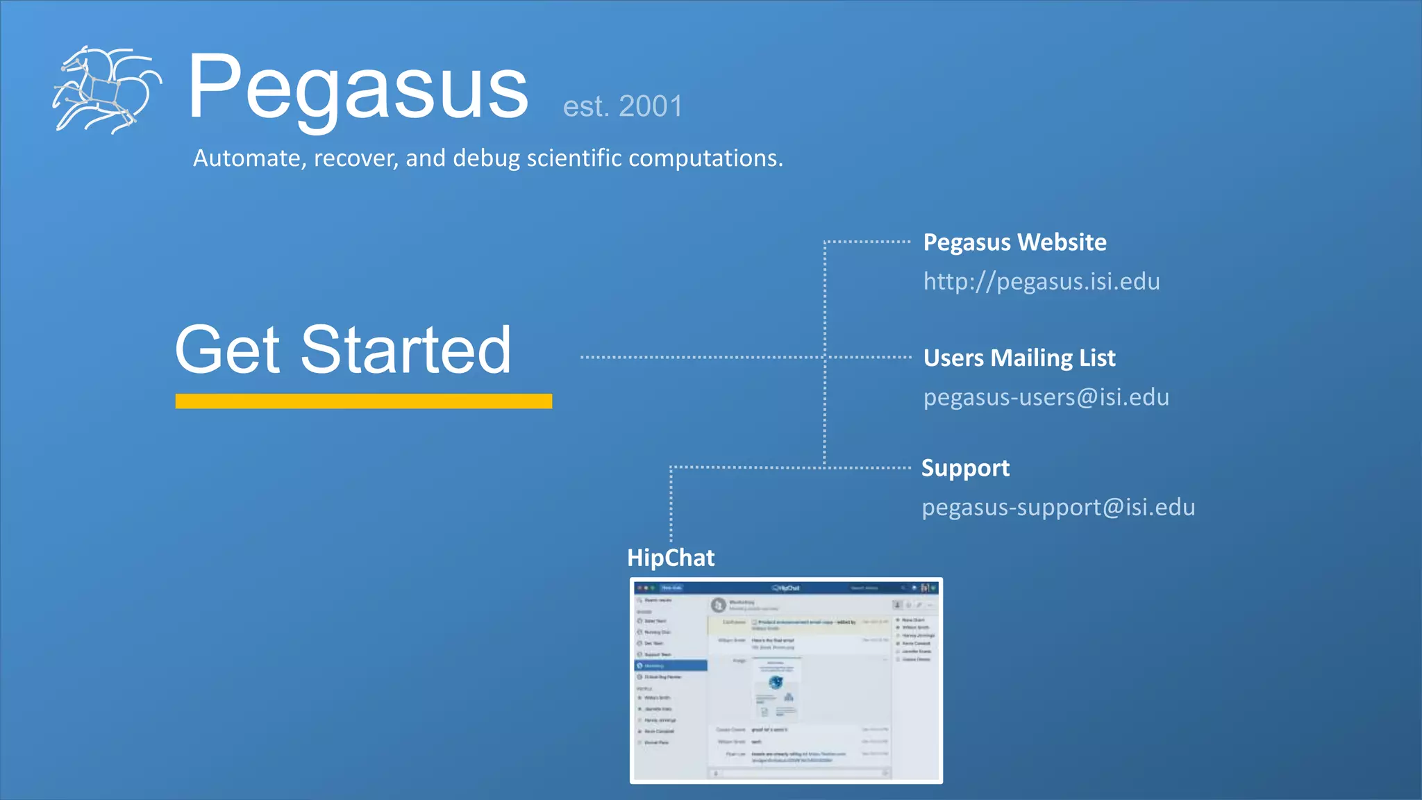 Pegasus
Automate, recover, and debug scientific computations.
Get Started
Pegasus Website
http://pegasus.isi.edu
Users Mailing List
pegasus-users@isi.edu
Support
pegasus-support@isi.edu
HipChat
 