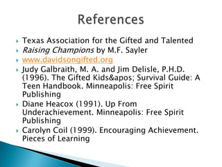 Texas Association for the Gifted and Talented<br />Raising Champions by M.F. Sayler<br />www.davidsongifted.org<br />Judy ...