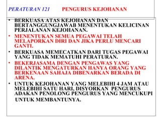 PERATURAN 121 PENGURUS KEJOHANAN
• BERKUASA ATAS KEJOHANAN DAN
BERTANGGUNGJAWAB MENENTUKAN KELICINAN
PERJALANAN KEJOHANAN.
• MENENTUKAN SEMUA PEGAWAI TELAH
MELAPORKAN DIRI DAN JIKA PERLU MENCARI
GANTI.
• BERKUASA MEMECATKAN DARI TUGAS PEGAWAI
YANG TIDAK MEMATUHI PERATURAN.
• BEKERJASAMA DENGAN PENGAWAS YANG
DILANTIK MENGATURKAN HANYA ORANG YANG
BERKENAAN SAHAJA DIBENARKAN BERADA DI
ARENA.
• UNTUK KEJOHANAN YANG MELEBIHI 4 JAM ATAU
MELEBIHI SATU HARI, DISYORKAN PENGURUS
ADAKAN PENOLONG PENGURUS YANG MENCUKUPI
UNTUK MEMBANTUNYA.
 