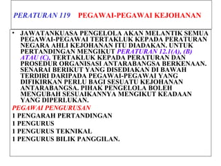 PERATURAN 119 PEGAWAI-PEGAWAI KEJOHANAN
• JAWATANKUASA PENGELOLA AKAN MELANTIK SEMUA
PEGAWAI-PEGAWAI TERTAKLUK KEPADA PERATURAN
NEGARA AHLI KEJOHANAN ITU DIADAKAN. UNTUK
PERTANDINGAN MENGIKUT PERATURAN 12.1(A), (B)
ATAU (C), TERTAKLUK KEPADA PERATURAN DAN
PROSEDUR ORGANISASI ANTARABANGSA BERKENAAN.
SENARAI BERIKUT YANG DISEDIAKAN DI BAWAH
TERDIRI DARIPADA PEGAWAI-PEGAWAI YANG
DIFIKIRKAN PERLU BAGI SESUATU KEJOHANAN
ANTARABANGSA. PIHAK PENGELOLA BOLEH
MENGUBAH SESUAIKANNYA MENGIKUT KEADAAN
YANG DIPERLUKAN.
PEGAWAI PENGURUSAN
1 PENGARAH PERTANDINGAN
1 PENGURUS
1 PENGURUS TEKNIKAL
1 PENGURUS BILIK PANGGILAN.
 