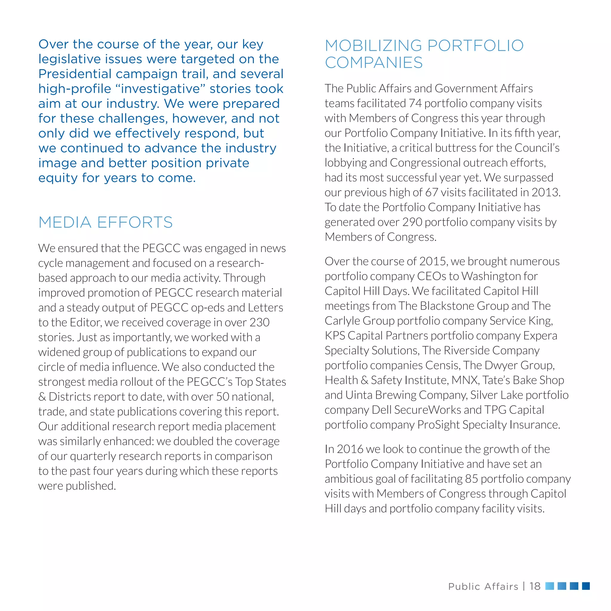Public Affairs | 18
MOBILIZING PORTFOLIO
COMPANIES
The Public Affairs and Government Affairs
teams facilitated 74 portfolio company visits
with Members of Congress this year through
our Portfolio Company Initiative. In its fifth year,
the Initiative, a critical buttress for the Council’s
lobbying and Congressional outreach efforts,
had its most successful year yet. We surpassed
our previous high of 67 visits facilitated in 2013.
To date the Portfolio Company Initiative has
generated over 290 portfolio company visits by
Members of Congress.
Over the course of 2015, we brought numerous
portfolio company CEOs to Washington for
Capitol Hill Days. We facilitated Capitol Hill
meetings from The Blackstone Group and The
Carlyle Group portfolio company Service King,
KPS Capital Partners portfolio company Expera
Specialty Solutions, The Riverside Company
portfolio companies Censis, The Dwyer Group,
Health  Safety Institute, MNX, Tate’s Bake Shop
and Uinta Brewing Company, Silver Lake portfolio
company Dell SecureWorks and TPG Capital
portfolio company ProSight Specialty Insurance.
In 2016 we look to continue the growth of the
Portfolio Company Initiative and have set an
ambitious goal of facilitating 85 portfolio company
visits with Members of Congress through Capitol
Hill days and portfolio company facility visits.
Over the course of the year, our key
legislative issues were targeted on the
Presidential campaign trail, and several
high-profile “investigative” stories took
aim at our industry. We were prepared
for these challenges, however, and not
only did we effectively respond, but
we continued to advance the industry
image and better position private
equity for years to come.
MEDIA EFFORTS
We ensured that the PEGCC was engaged in news
cycle management and focused on a research-
based approach to our media activity. Through
improved promotion of PEGCC research material
and a steady output of PEGCC op-eds and Letters
to the Editor, we received coverage in over 230
stories. Just as importantly, we worked with a
widened group of publications to expand our
circle of media influence. We also conducted the
strongest media rollout of the PEGCC’s Top States
 Districts report to date, with over 50 national,
trade, and state publications covering this report.
Our additional research report media placement
was similarly enhanced: we doubled the coverage
of our quarterly research reports in comparison
to the past four years during which these reports
were published.
 