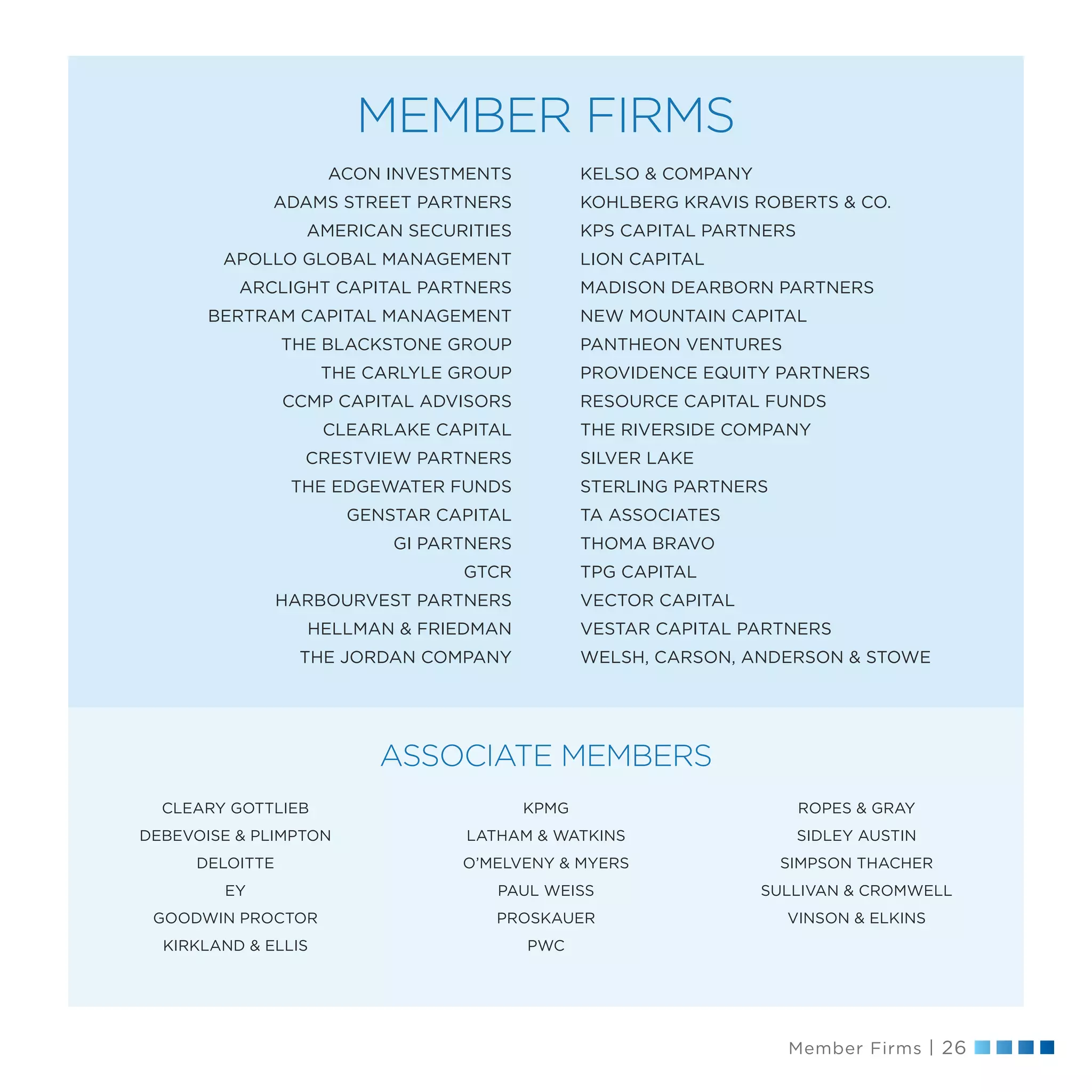 Member Firms | 26
MEMBER FIRMS
ASSOCIATE MEMBERS
ACON INVESTMENTS
ADAMS STREET PARTNERS
AMERICAN SECURITIES
APOLLO GLOBAL MANAGEMENT
ARCLIGHT CAPITAL PARTNERS
BERTRAM CAPITAL MANAGEMENT
THE BLACKSTONE GROUP
THE CARLYLE GROUP
CCMP CAPITAL ADVISORS
CLEARLAKE CAPITAL
CRESTVIEW PARTNERS
THE EDGEWATER FUNDS
GENSTAR CAPITAL
GI PARTNERS
GTCR
HARBOURVEST PARTNERS
HELLMAN  FRIEDMAN
THE JORDAN COMPANY
KELSO  COMPANY
KOHLBERG KRAVIS ROBERTS  CO.
KPS CAPITAL PARTNERS
LION CAPITAL
MADISON DEARBORN PARTNERS
NEW MOUNTAIN CAPITAL
PANTHEON VENTURES
PROVIDENCE EQUITY PARTNERS
RESOURCE CAPITAL FUNDS
THE RIVERSIDE COMPANY
SILVER LAKE
STERLING PARTNERS
TA ASSOCIATES
THOMA BRAVO
TPG CAPITAL
VECTOR CAPITAL
VESTAR CAPITAL PARTNERS
WELSH, CARSON, ANDERSON  STOWE
CLEARY GOTTLIEB
DEBEVOISE  PLIMPTON
DELOITTE
EY
GOODWIN PROCTOR
KIRKLAND  ELLIS
KPMG
LATHAM  WATKINS
O’MELVENY  MYERS
PAUL WEISS
PROSKAUER
PWC
ROPES  GRAY
SIDLEY AUSTIN
SIMPSON THACHER
SULLIVAN  CROMWELL
VINSON  ELKINS
 