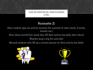 Scenario 2:
Have student sign out activity monitor for a period of time (week, 2 weeks,
month, etc.)
Have them record how much they fill their activity bar daily after school
Watches keep a log for each day!
Reward students who fill up a certain amount of their activity bar daily!
USE IN PHYSICAL EDUCATION
CTD.
 