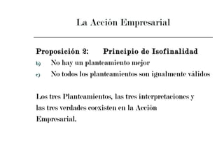 La Acción Empresarial Proposición 2: Principio de Isofinalidad No hay un planteamiento mejor No todos los planteamientos son igualmente válidos Los tres Planteamientos, las tres interpretaciones y  las tres verdades coexisten en la Acción  Empresarial. 
