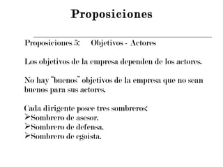 Proposiciones 5: Objetivos - Actores Los objetivos de la empresa dependen de los actores. No hay “buenos” objetivos de la empresa que no sean buenos para sus actores. Cada dirigente posee tres sombreros: Sombrero de asesor. Sombrero de defensa. Sombrero de egoísta. Proposiciones 