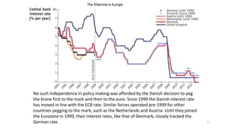 No such independence in policy making was afforded by the Danish decision to peg
the krone first to the mark and then to the euro. Since 1999 the Danish interest rate
has moved in line with the ECB rate. Similar forces operated pre-1999 for other
countries pegging to the mark, such as the Netherlands and Austria. Until they joined
the Eurozone in 1999, their interest rates, like that of Denmark, closely tracked the
German rate. 17
The Trilemma in Europe
 