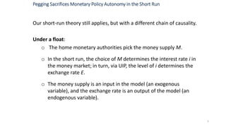 Our short-run theory still applies, but with a different chain of causality.
Under a float:
o The home monetary authorities pick the money supply M.
o In the short run, the choice of M determines the interest rate i in
the money market; in turn, via UIP, the level of i determines the
exchange rate E.
o The money supply is an input in the model (an exogenous
variable), and the exchange rate is an output of the model (an
endogenous variable).
5
Pegging Sacrifices Monetary Policy Autonomy in the Short Run
 