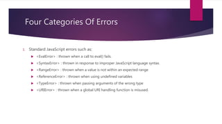 Four Categories Of Errors
1. Standard JavaScript errors such as:
 <EvalError> : thrown when a call to eval() fails.
 <SyntaxError> : thrown in response to improper JavaScript language syntax.
 <RangeError> : thrown when a value is not within an expected range
 <ReferenceError> : thrown when using undefined variables
 <TypeError> : thrown when passing arguments of the wrong type
 <URIError> : thrown when a global URI handling function is misused.
 