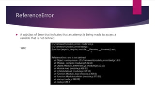 ReferenceError
 A subclass of Error that indicates that an attempt is being made to access a
variable that is not defined.
D:FrameworknodeJs_errors>node test.js
D:FrameworknodeJs_errorstest.js:1
(function (exports, require, module, __filename, __dirname) { test;
^
ReferenceError: test is not defined
at Object.<anonymous> (D:FrameworknodeJs_errorstest.js:1:63)
at Module._compile (module.js:541:32)
at Object.Module._extensions..js (module.js:550:10)
at Module.load (module.js:458:32)
at tryModuleLoad (module.js:417:12)
at Function.Module._load (module.js:409:3)
at Function.Module.runMain (module.js:575:10)
at startup (node.js:160:18)
at node.js:449:3
test;
 