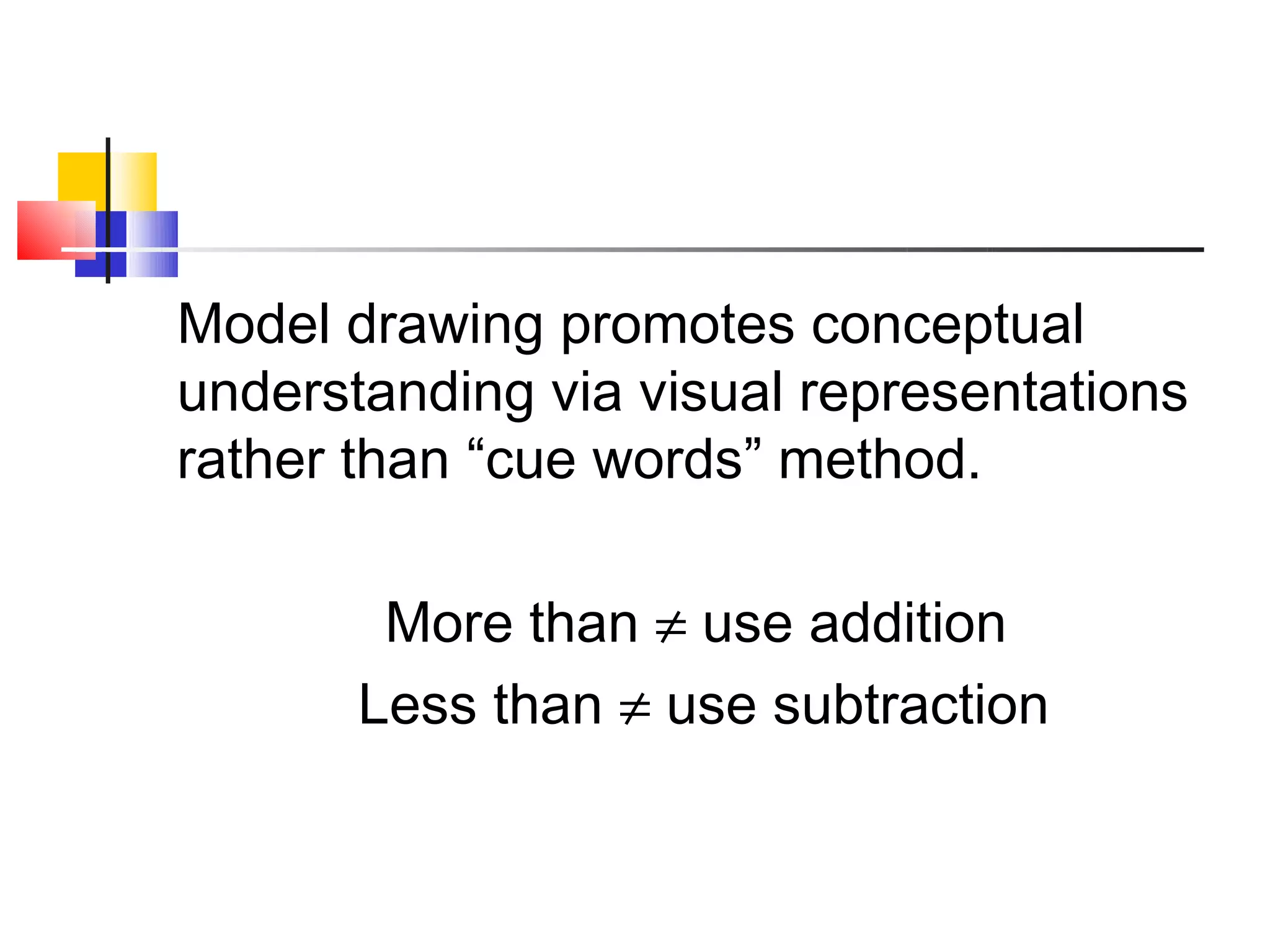 Model drawing promotes conceptual
understanding via visual representations
rather than “cue words” method.

        More than ≠ use addition
       Less than ≠ use subtraction
 