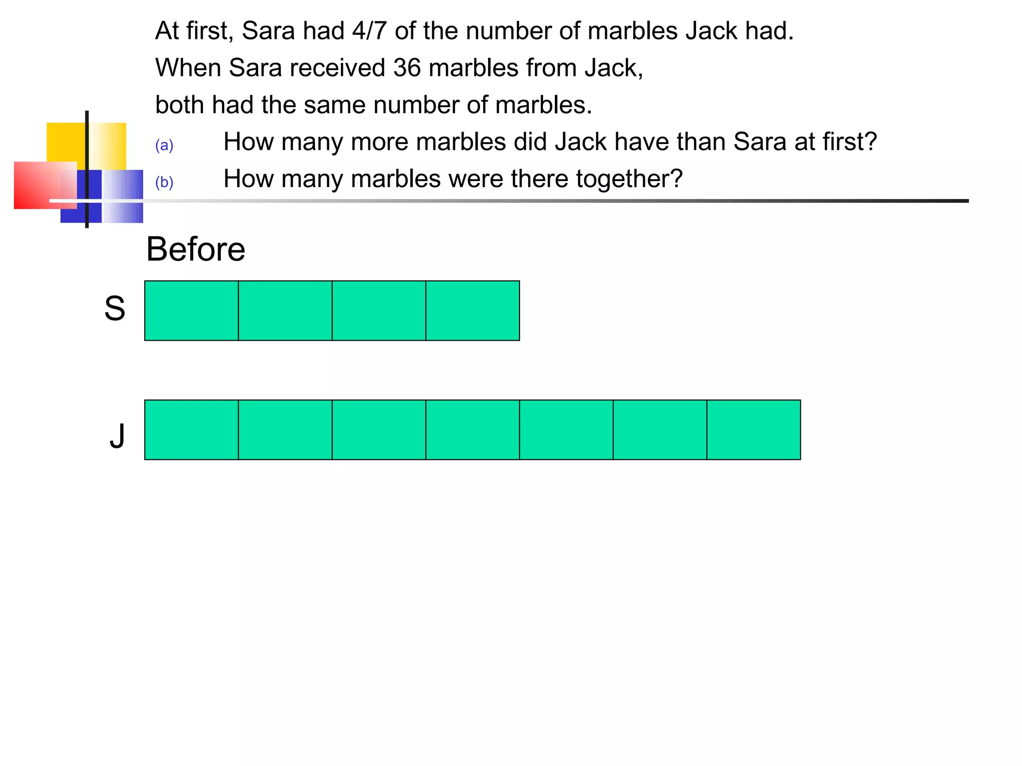 At first, Sara had 4/7 of the number of marbles Jack had.
    When Sara received 36 marbles from Jack,
    both had the same number of marbles.
    (a)    How many more marbles did Jack have than Sara at first?
    (b)    How many marbles were there together?

    Before
S


J
 