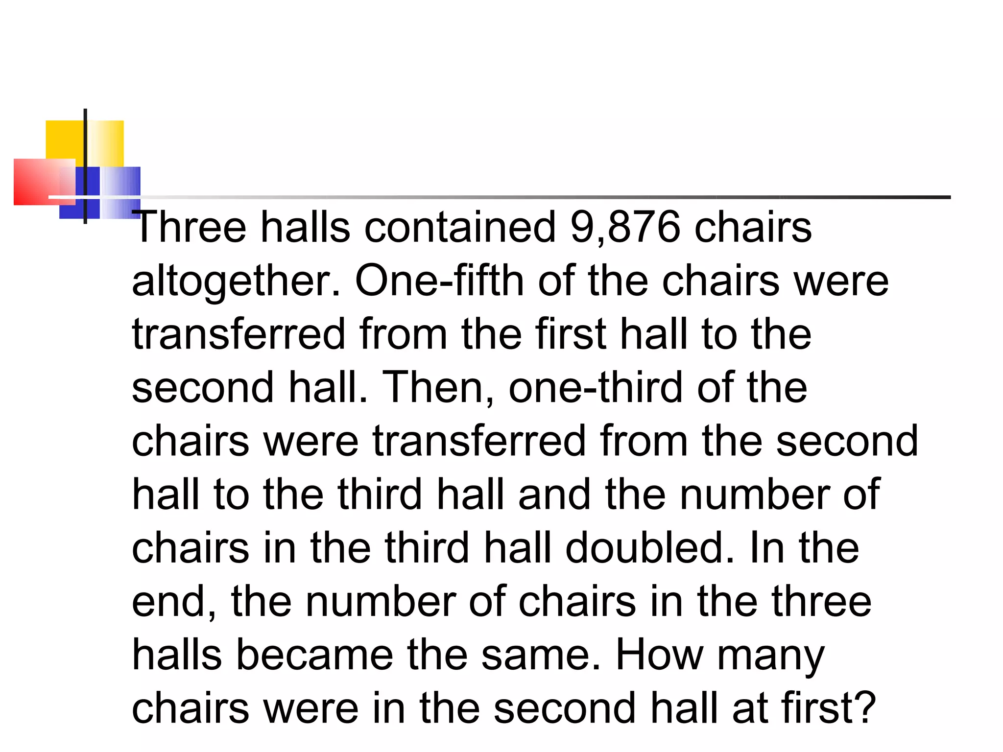 Three halls contained 9,876 chairs
altogether. One-fifth of the chairs were
transferred from the first hall to the
second hall. Then, one-third of the
chairs were transferred from the second
hall to the third hall and the number of
chairs in the third hall doubled. In the
end, the number of chairs in the three
halls became the same. How many
chairs were in the second hall at first?
 