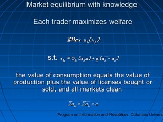 Program on Information and Resources Columbia Universi54
Market equilibrium with knowledgeMarket equilibrium with knowledge
Each trader maximizes welfareEach trader maximizes welfare
Max uMax uhh(x(xhh))
s.t.s.t. xxhh == φφhh (a(ahh,a) + q (a,a) + q (ahh – a– ahh))
the value of consumption equals the value ofthe value of consumption equals the value of
production plus the value of licenses bought orproduction plus the value of licenses bought or
sold, and all markets clear:sold, and all markets clear:
ΣΣaahh == ΣΣaahh = a= a
 