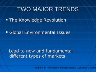 Program on Information and Resources Columbia Universi9
TWO MAJOR TRENDSTWO MAJOR TRENDS
 The Knowledge RevolutionThe Knowledge Revolution
 Global Environmental IssuesGlobal Environmental Issues
Lead to new and fundamentalLead to new and fundamental
different types of marketsdifferent types of markets
 