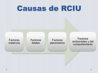 Causas de RCIU 
Factores 
maternos 
Factores 
fetales 
Factores 
placentarios 
Factores 
ambientales y del 
comportamiento 
 