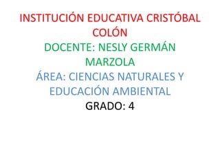 INSTITUCIÓN EDUCATIVA CRISTÓBAL
COLÓN
DOCENTE: NESLY GERMÁN
MARZOLA
ÁREA: CIENCIAS NATURALES Y
EDUCACIÓN AMBIENTAL
GRADO: 4
 