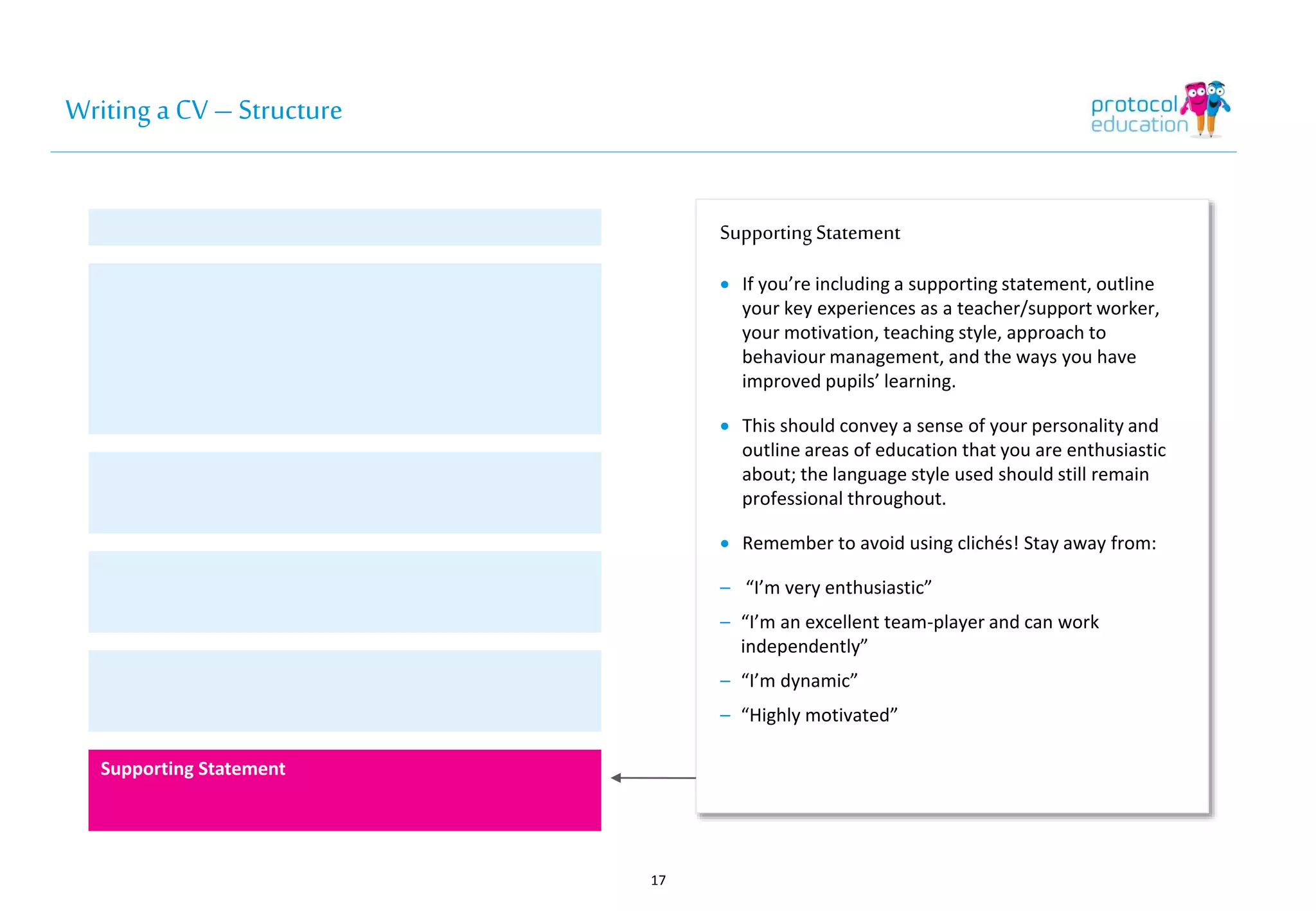 Writing a CV – Structure 
Supporting Statement 
 If you’re including a supporting statement, outline 
your key experiences as a teacher/support worker, 
your motivation, teaching style, approach to 
behaviour management, and the ways you have 
improved pupils’ learning. 
 This should convey a sense of your personality and 
outline areas of education that you are enthusiastic 
about; the language style used should still remain 
professional throughout. 
 Remember to avoid using clichés! Stay away from: 
– “I’m very enthusiastic” 
– “I’m an excellent team-player and can work 
independently” 
– “I’m dynamic” 
– “Highly motivated” 
17 
Supporting Statement 
 
