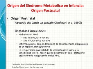 Origen del Sindrome Metabolico en infancia:
              Origen Postnatal
• Origen Postnatal
   – hipotesis del Catch-up growth (Cianfarani et al 1999):

   – Singhal and Lucas (2004)
          • Malnutricion Fetal
                 – Baja insulina, IGF-I, IGF-BP3
                 – Alta GH, IGF-BP1 y IGF-BP2
          • El tiempo crucial para el desarrollo de consecuencias a largo plazo
            es un rapido Catch-up growth
          • La recuperacion postnatal de la secreción de insulina y la
            sensibilidad de HC hacen que se desarrolle IR para proteger el
            organismo de hipoglicemia en los PEG.


   Cianfarani et al Arch Dis Child Fetal Neonatal Ed 81:F71-73, 1999
   Singhal and Lucas; Lancet 363: 1642-1645, 2004
 