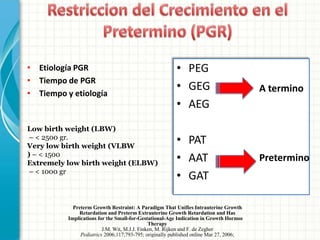 • Etiología PGR                                        • PEG
• Tiempo de PGR
                                                       • GEG                            A termino
• Tiempo y etiología
                                                       • AEG
Low birth weight (LBW)
 – < 2500 gr.
Very low birth weight (VLBW
                                                       • PAT
) – < 1500
Extremely low birth weight (ELBW)
                                                       • AAT                            Pretermino
 – < 1000 gr
                                                       • GAT

            Preterm Growth Restraint: A Paradigm That Unifies Intrauterine Growth
              Retardation and Preterm Extrauterine Growth Retardation and Has
          Implications for the Small-for-Gestational-Age Indication in Growth Hormone
                                              Therapy
                         J.M. Wit, M.J.J. Finken, M. Rijken and F. de Zegher
               Pediatrics 2006;117;793-795; originally published online Mar 27, 2006;
 