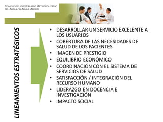 Complejo Hospitalario Metropolitano
Dr. Arnulfo Arias Madrid
LINEAMIENTOSESTRATÉGICOS
• DESARROLLAR UN SERVICIO EXCELENTE A
LOS USUARIOS
• COBERTURA DE LAS NECESIDADES DE
SALUD DE LOS PACIENTES
• IMAGEN DE PRESTIGIO
• EQUILIBRIO ECONÓMICO
• COORDINACIÓN CON EL SISTEMA DE
SERVICIOS DE SALUD
• SATISFACCIÓN / INTEGRACIÓN DEL
RECURSO HUMANO
• LIDERAZGO EN DOCENCIA E
INVESTIGACIÓN
• IMPACTO SOCIAL
 
