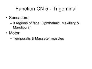 Function CN 5 - Trigeminal
• Sensation:
– 3 regions of face: Ophthalmic, Maxillary &
Mandibular
• Motor:
– Temporalis & Masseter muscles
 