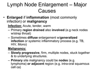 Lymph Node Enlargement – Major
Causes
• Enlarged if inflammation (most commonly
infection) or malignancy
Infection: Acute, tender, warm
– Primary region drained also involved (e.g neck nodes
w/strep throat)
– Sometimes diffuse enlargement w/generalized
infection or systemic inflammatory process (e.g. TB,
HIV, Mono)
Malignancy:
– Slowly progressive, firm, multiple nodes, stuck together
& to underlying structures.
– Primary site malignancy could be nodes (e.g.
lymphoma) or adjacent region (e.g. intra-oral squamous
cell ca)
 