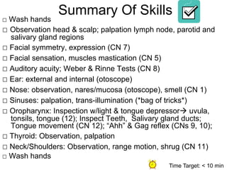 Summary Of Skills
□ Wash hands
□ Observation head & scalp; palpation lymph node, parotid and
salivary gland regions
□ Facial symmetry, expression (CN 7)
□ Facial sensation, muscles mastication (CN 5)
□ Auditory acuity; Weber & Rinne Tests (CN 8)
□ Ear: external and internal (otoscope)
□ Nose: observation, nares/mucosa (otoscope), smell (CN 1)
□ Sinuses: palpation, trans-illumination (*bag of tricks*)
□ Oropharynx: Inspection w/light & tongue depressor uvula,
tonsils, tongue (12); Inspect Teeth, Salivary gland ducts;
Tongue movement (CN 12); “Ahh” & Gag reflex (CNs 9, 10);
□ Thyroid: Observation, palpation
□ Neck/Shoulders: Observation, range motion, shrug (CN 11)
□ Wash hands
Time Target: < 10 min
 