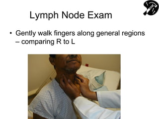 Lymph Node Exam
• Gently walk fingers along general regions
– comparing R to L
 