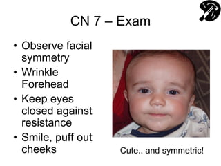 CN 7 – Exam
• Observe facial
symmetry
• Wrinkle
Forehead
• Keep eyes
closed against
resistance
• Smile, puff out
cheeks Cute.. and symmetric!
 
