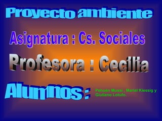 Proyecto ambiente Asignatura : Cs. Sociales Profesora : Cecilia Alumnos : Pehuén Mussi , Mariel Kiessig y Giuliano Lotufo. 