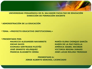 LOGO
UNIVERSIDAD PEDAGÓGICA DE EL SALVADOR FACULTAD DE EDUCACIÓN
DIRECCIÓN DE FORMACIÓN DOCENTE
ADMINISTRACIÓN DE LA EDUCACIÓN
TEMA: «PROYECTO EDUCATIVO INSTITUCIONAL»
PRESENTADO POR:
MAURICIO ALEXANDER NAVARRETE MARÍA ELENA CHINQUE GARCÍA
OSCAR DAVID KAREN DE LA PAZ PADILLA
XIOMARA GERTRUDIS PLEITÉZ AMÉRICA ISABEL ESCOBAR
JOSÉ ERNESTO VELÁSQUEZ VICTORIA REGINA JURADO
FRANCIA ELIZABETH CERNA JOSÉ LUCAS MOLINA TRINIDAD
PRESENTADO A:
JORGE ALBERTO SÁNCHEZ, LICENCIADO
 