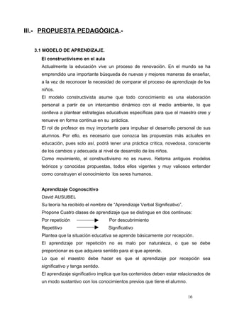 III.- PROPUESTA PEDAGÓGICA.-


  3.1 MODELO DE APRENDIZAJE.
    El constructivismo en el aula
     Actualmente la educación vive un proceso de renovación. En el mundo se ha
     emprendido una importante búsqueda de nuevas y mejores maneras de enseñar,
     a la vez de reconocer la necesidad de comparar el proceso de aprendizaje de los
     niños.
     El modelo constructivista asume que todo conocimiento es una elaboración
     personal a partir de un intercambio dinámico con el medio ambiente, lo que
     conlleva a plantear estrategias educativas específicas para que el maestro cree y
     renueve en forma continua en su práctica.
     El rol de profesor es muy importante para impulsar el desarrollo personal de sus
     alumnos. Por ello, es necesario que conozca las propuestas más actuales en
     educación, pues solo así, podrá tener una práctica crítica, novedosa, consciente
     de los cambios y adecuada al nivel de desarrollo de los niños.
     Como movimiento, el constructivismo no es nuevo. Retoma antiguos modelos
     teóricos y conocidas propuestas, todos ellos vigentes y muy valiosos entender
     como construyen el conocimiento los seres humanos.


     Aprendizaje Cognoscitivo
     David AUSUBEL
     Su teoría ha recibido el nombre de “Aprendizaje Verbal Significativo”.
     Propone Cuatro clases de aprendizaje que se distingue en dos continuos:
     Por repetición                   Por descubrimiento
     Repetitivo                       Significativo
     Plantea que la situación educativa se aprende básicamente por recepción.
     El aprendizaje por repetición no es malo por naturaleza, o que se debe
     proporcionar es que adquiera sentido para el que aprende.
     Lo que el maestro debe hacer es que el aprendizaje por recepción sea
     significativo y tenga sentido.
     El aprendizaje significativo implica que los contenidos deben estar relacionados de
     un modo sustantivo con los conocimientos previos que tiene el alumno.


                                                                              16
 