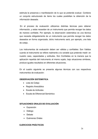estimula la presencia o manifestación de lo que se pretende evaluar. Contiene
un conjunto estructurado de items los cuales posibilitan la obtención de la
información deseada.


En el proceso de evaluación utilizamos distintas técnicas para obtener
información, y estas necesitan de un instrumento que permita recoger los datos
de manera confiable. Por ejemplo, la observación sistemática es una técnica
que necesita obligadamente de un instrumento que permita recoger los datos
deseados en forma organizada, dicho instrumento será, por ejemplo, una lista
de cotejo.


Los instrumentos de evaluación deben ser válidos y confiables: Son Validos
cuando el instrumento se refiere realmente a la variable que pretende medir: en
nuestro caso, capacidades y actitudes. Son Confiables en la manera que la
aplicación repetida del instrumento al mismo sujeto, bajo situaciones similares,
produce iguales resultados en diferentes situaciones.


En el cuadro siguiente se presenta algunas técnicas con sus respectivos
instrumentos de evaluación:


OBSERVACIÓN SISTEMÁTICA
    •   Lista de Cotejo
    •   Registro Anecdótico
    •   Escala de Actitudes
    •   Escala de Diferencial Semántico




SITUACIONES ORALES DE EVALUACIÓN
    •   Exposición
    •   Diálogo
    •   Debate
    •   Exámenes Orales


EJERCICIOS PRÁCTICOS
                                                                     26
 