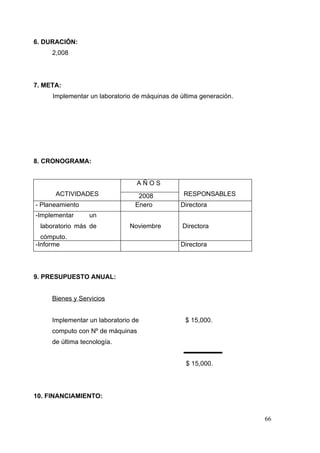 6. DURACIÓN:
     2,008




7. META:
     Implementar un laboratorio de máquinas de última generación.




8. CRONOGRAMA:


                                 AÑOS
      ACTIVIDADES                2008           RESPONSABLES
- Planeamiento                  Enero          Directora
-Implementar      un
 laboratorio más de           Noviembre         Directora
  cómputo.
-Informe                                       Directora




9. PRESUPUESTO ANUAL:


     Bienes y Servicios


     Implementar un laboratorio de               $ 15,000.
     computo con Nº de máquinas
     de última tecnología.


                                                 $ 15,000.




10. FINANCIAMIENTO:


                                                                    66
 
