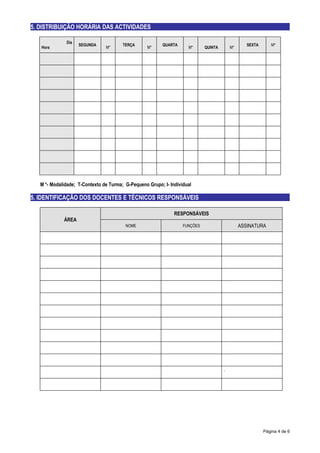 5. DISTRIBUIÇÃO HORÁRIA DAS ACTIVIDADES

              Dia
                    SEGUNDA             TERÇA             QUARTA                                  SEXTA      M*
   Hora                         M*                 M*                M*      QUINTA       M*




   M *- Modalidade; T-Contexto de Turma; G-Pequeno Grupo; I- Individual

5. IDENTIFICAÇÃO DOS DOCENTES E TÉCNICOS RESPONSÁVEIS

                                                               RESPONSÁVEIS
             ÁREA
                                         NOME                      FUNÇÕES                     ASSINATURA




                                                                                      .




                                                                                                          Página 4 de 6
 