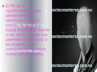    El PEI es la
    oportunidad para
    determinar la
    identidad, lo que
    somos, lo que nos
    hace irrepetible frente
    a los otros, lo que nos
    permite comunicar a
    los padres, a la
    comunidad nuestras
    notas referenciales.
 