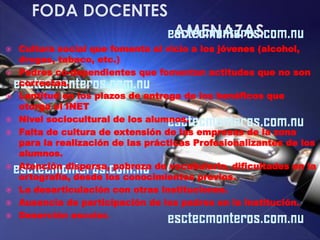    Cultura social que fomenta al vicio a los jóvenes (alcohol,
    drogas, tabaco, etc.)
   Padres co-dependientes que fomentan actitudes que no son
    correctas.
   Lentitud en los plazos de entrega de los benéficos que
    otorga el INET
   Nivel sociocultural de los alumnos.
   Falta de cultura de extensión de las empresas de la zona
    para la realización de las prácticas Profesionalizantes de los
    alumnos.
   Atención dispersa, pobreza de vocabulario, dificultades en la
    ortografía, desde los conocimientos previos.
   La desarticulación con otras instituciones.
   Ausencia de participación de los padres en la Institución.
   Deserción escolar.
 