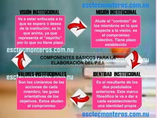 VISIÓN INSTITUCIONAL            MISIÓN INSTITUCIONAL
Va a estar enfocada a lo
                                 Alude al “contrato” de
  que se espera o desea
                                los miembros en lo que
  de la institución, es lo
                                 respecta a la visión, es
    que anima, ya que
                                     el compromiso
 representa el “espíritu”
                                  colectivo. Tiene plazo
por lo que no tiene plazo
                                       establecido


             COMPONENTES BÁSICOS PARA LA
                ELABORACIÓN DEL P.E.I.

VALORES INSTITUCIONALES        IDENTIDAD INSTITUCIONAL
Son los cimientos de las         Es el resultante de los
   acciones de cada                  dos postulados
  miembro, las guías             anteriores. Este marco
  orientativas de los            filosófico le va a dar a
objetivos. Estos aluden           cada establecimiento
    al compromiso                 una identidad propia
 