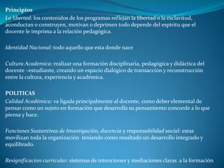 Principios
La libertad: los contenidos de los programas reflejan la libertad o la esclavitud,
aconductan o construyen, motivan o deprimen todo depende del espíritu que el
docente le imprima a la relación pedagógica.

Identidad Nacional: todo aquello que esta donde nace

Cultura Academica: realizar una formación disciplinaria, pedagógica y didáctica del
docente –estudiante, creando un espacio dialógico de transacción y reconstrucción
entre la cultura, experiencia y académica.

POLITICAS
Calidad Académica: va ligada principalmente al docente, como deber elemental de
pensar como un sujeto en formación que desarrolla su pensamiento concorde a lo que
piensa y hace.

Funciones Sustantivas de Investigación, docencia y responsabilidad social: estas
movilizan toda la organización teniendo como resultado un desarrollo integrado y
equilibrado.

Resignificacion curricular: sistemas de intenciones y mediaciones claras a la formación
 